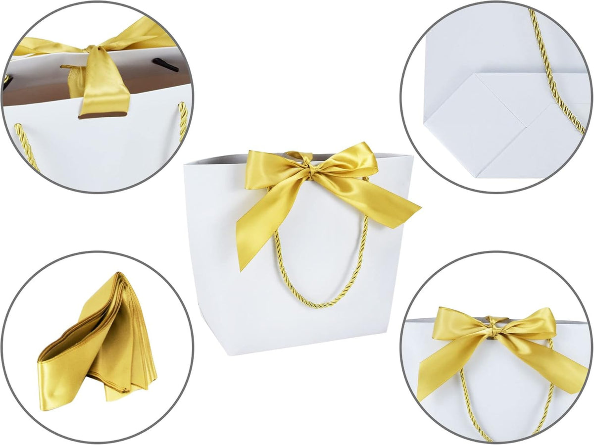 HUAPRINT Gift Bags with Handles,7.48×3.54×7.9 inches,Party Favor Bags with Bow Ribbon,12Pcs White Paper Bags for Birthday Wedding Bridesmaid Present Celebration Holiday