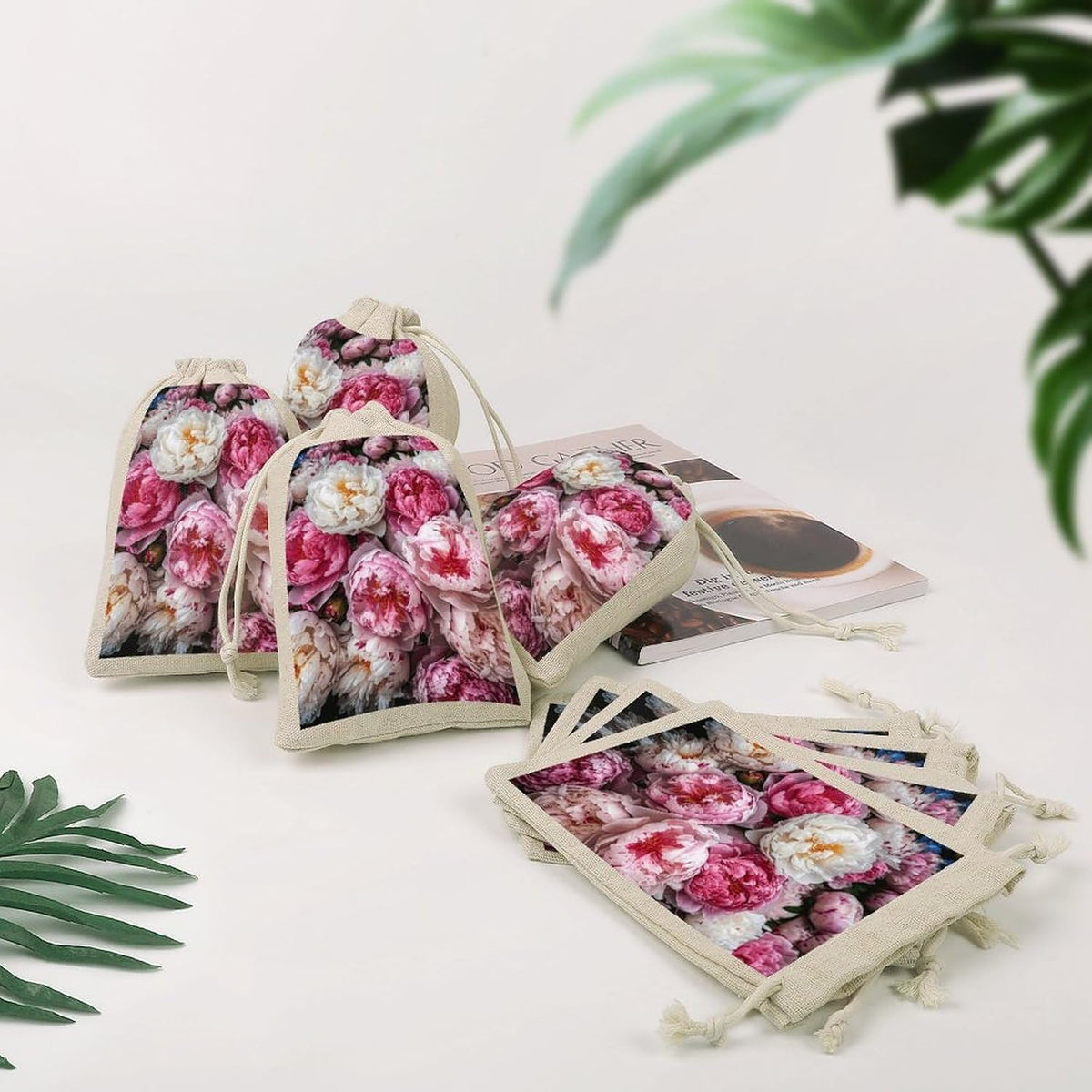 8-Pack Peach And White Peonies Drawstring Gift Bags Cotton Linen Party Favors Bags for Decorated Event Favors