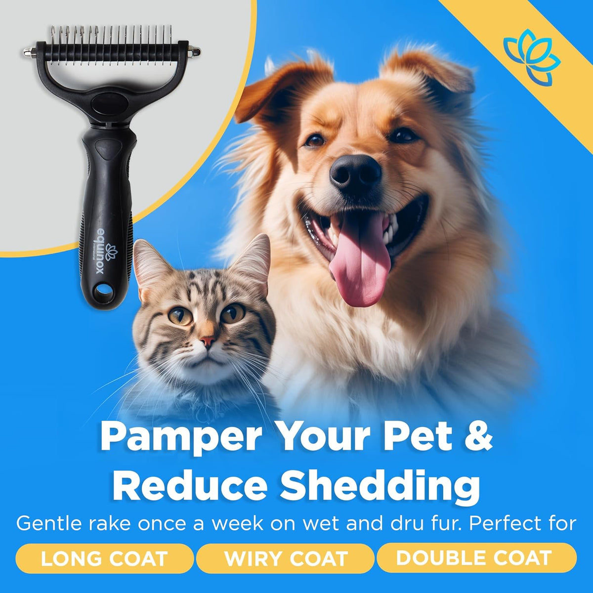 Equinox Dog Grooming Scissors & Deshedder - 7 in 1 Pet Grooming Scissors Set with undercoat brush - Curved Dog Scissors with safety tips - Includes Thinning & Rounded Shears - For dogs & cats