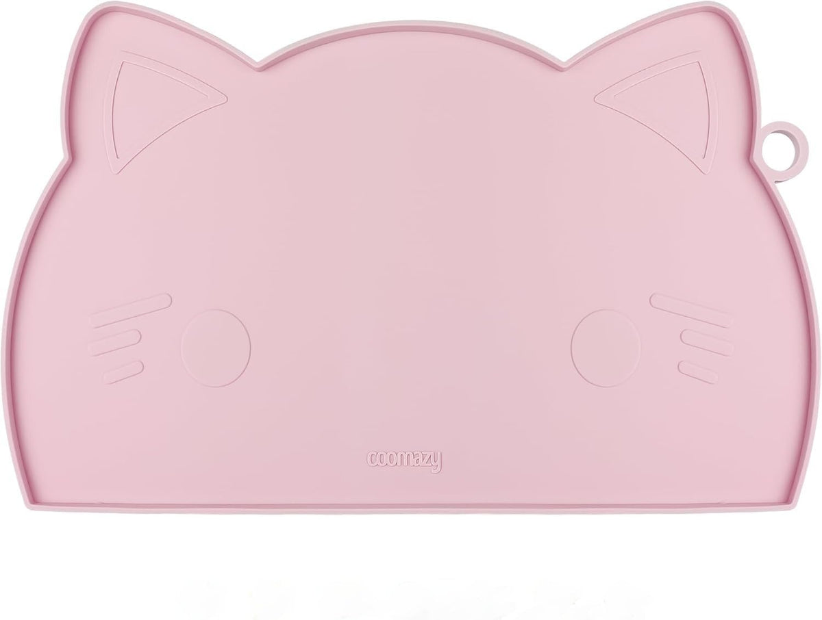 Coomazy Cat Food Mat Silicone Pet Feeding Mat for Indoor Cats Waterproof Non-Slip Water Bowl Pad with Raised Edge(Pink, 15.7 x 9'')
