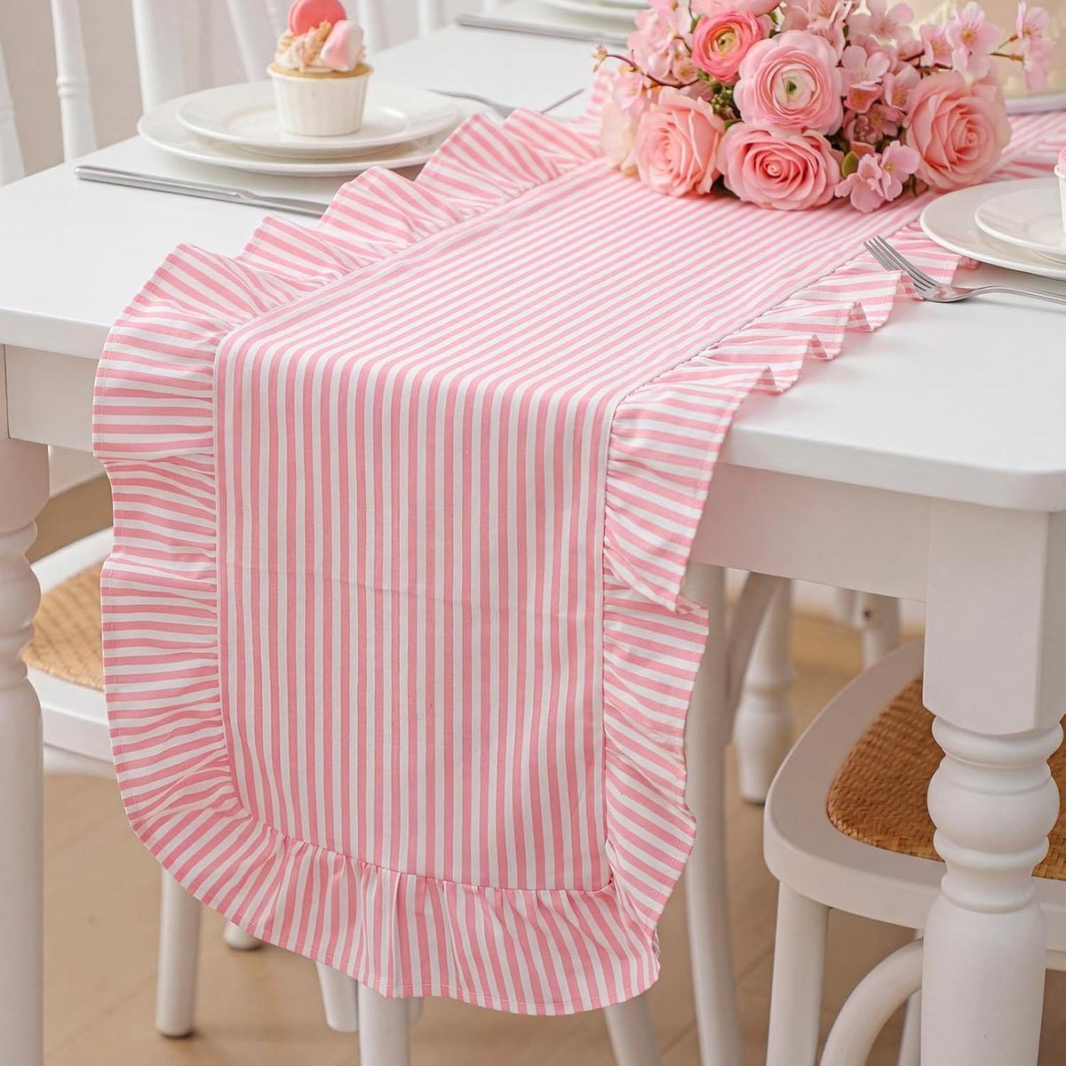 Pink Ruffled Table Runner 72", Vertical Stripe