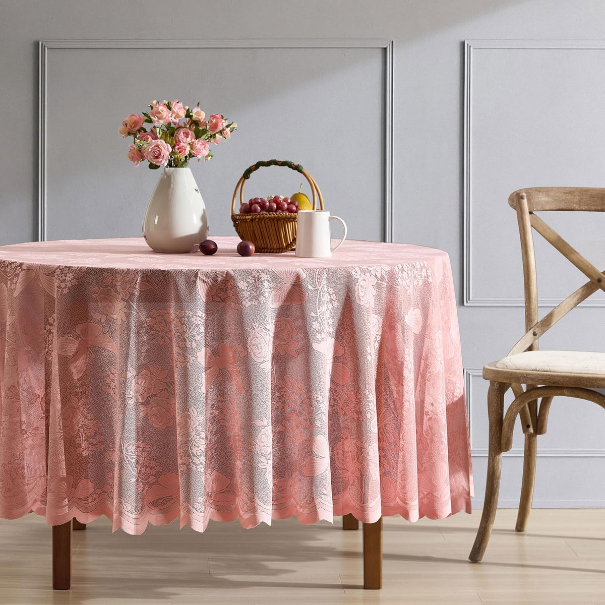 HLC.ME Butterfly Floral Lace Tablecloth, Round, 36 Inch Round, Blush Pink
