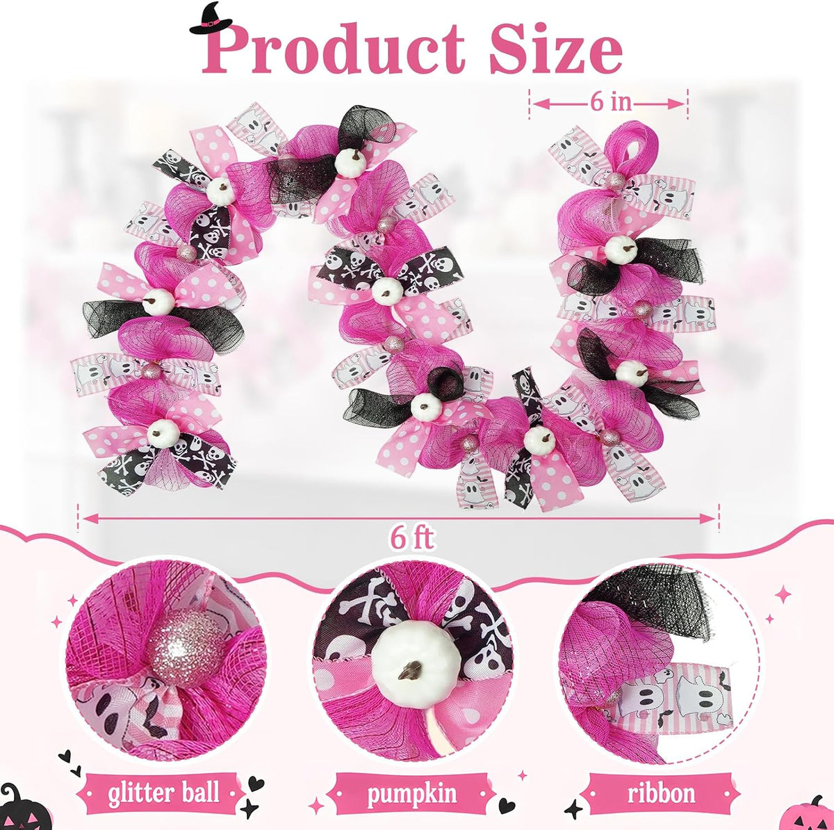 Pink Halloween Ghost Garland Decor, Farmhouse Garland for Mantel