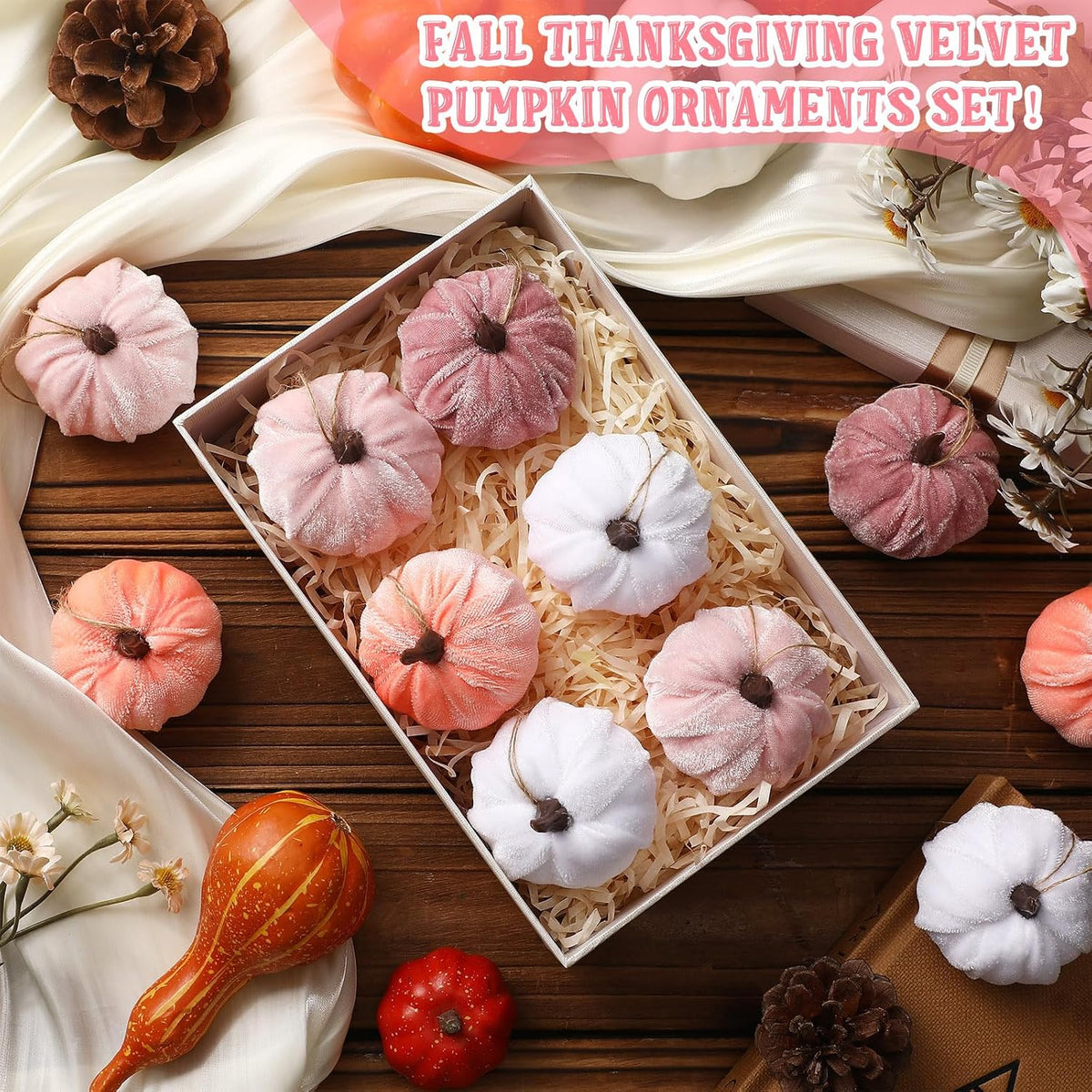 12 Pcs Fall Pumpkin Hanging Ornament, Fall Tree Decor, Pink White