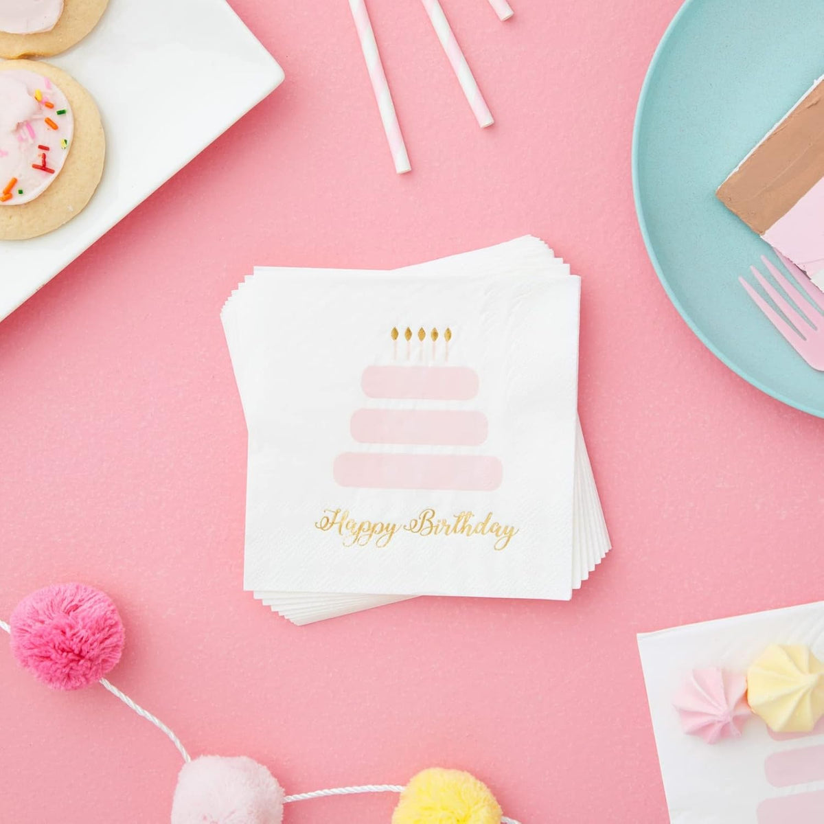 50 Pack Happy Birthday Cocktail Napkins for Women with Gold Foil Accents (Light Pink, 5 x 5 In)