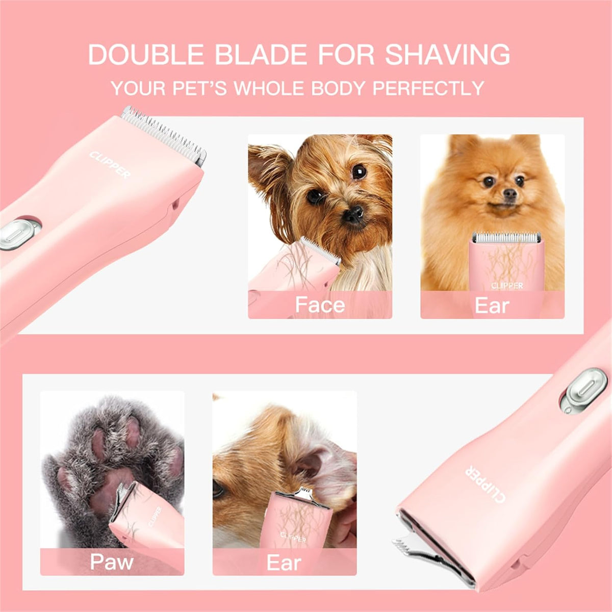 2 in 1 Prowerful Home Professional Dog Grooming Kit Clipper Low Noise USB Rechargeable Gifts for Dog Cat Pink,MTS006