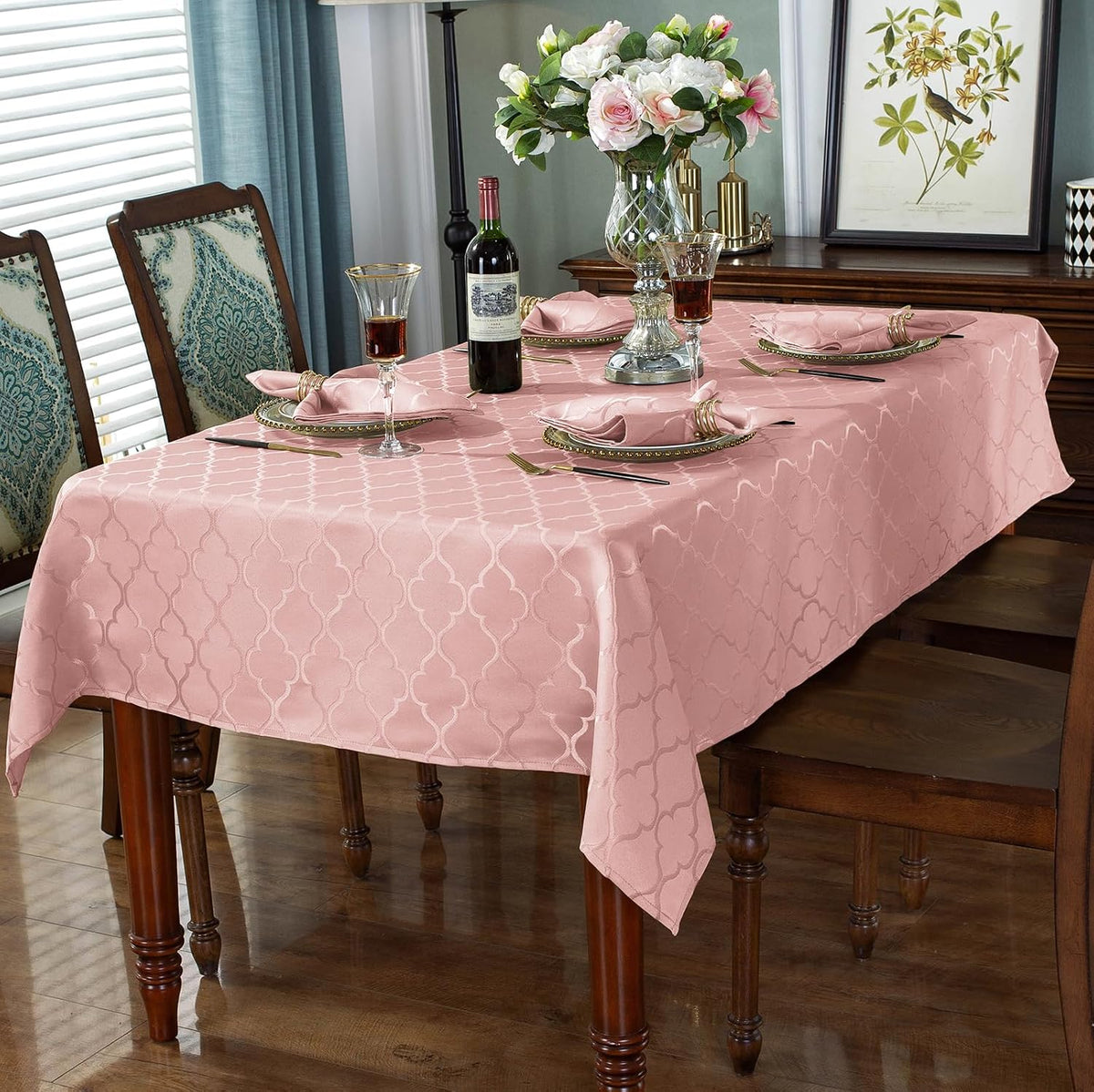 Pink Tablecloth Rectangle Jacquard, 60" x 84" Table Cloth