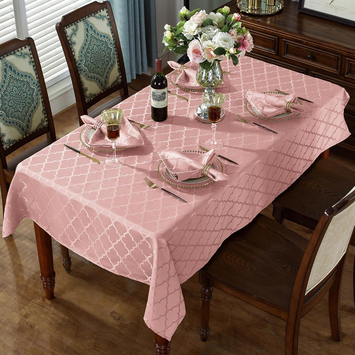 Pink Tablecloth Rectangle Jacquard, 60" x 84" Table Cloth