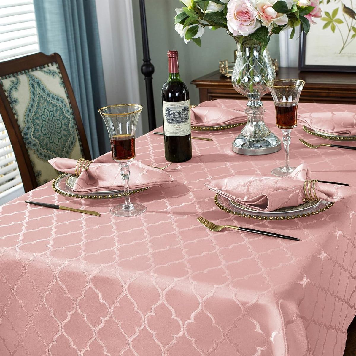 Pink Tablecloth Rectangle Jacquard, 60" x 84" Table Cloth