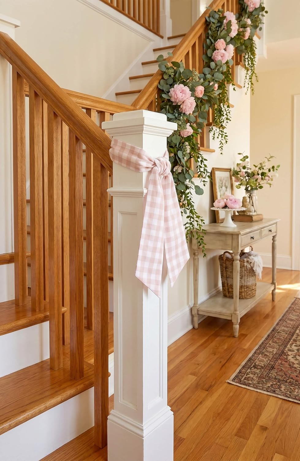Peach Gingham Wreath Sash for Front Door, Spring Easter Baby Shower Buffalo Check Plaid Ribbon Bow, 5.12" x 54" Farmhouse Wedding Home Decor