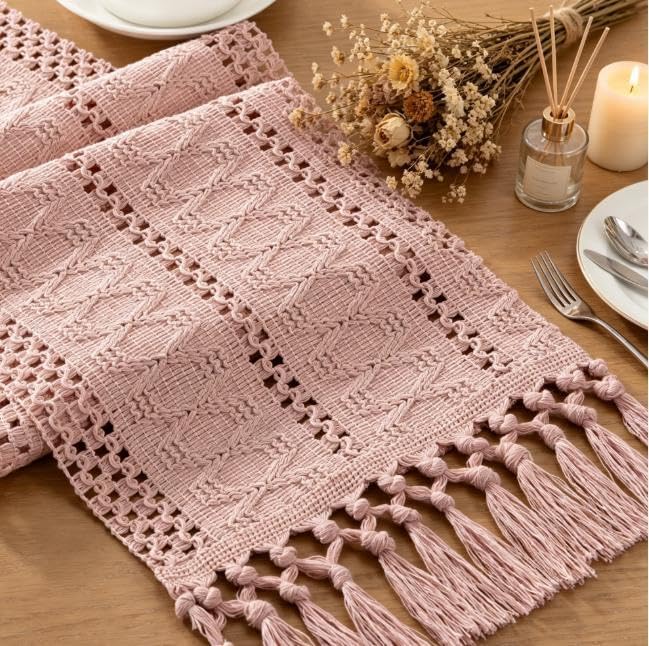 Boho Macrame Table Runner Pink Burlap Small Dresser Runner
