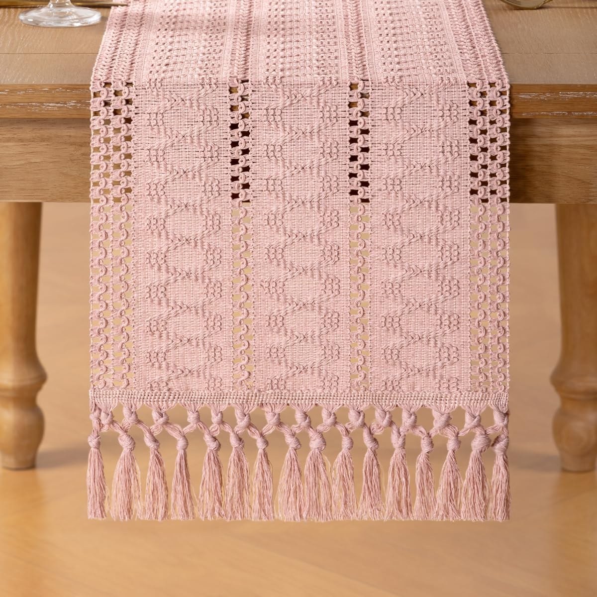 Boho Macrame Table Runner Pink Burlap Small Dresser Runner