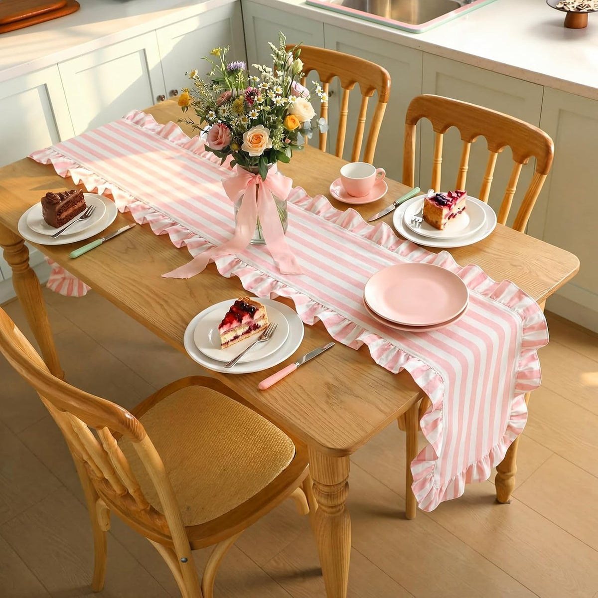Pink and White Stripe Ruffle Table Runner, 100% Cotton 13"x72"