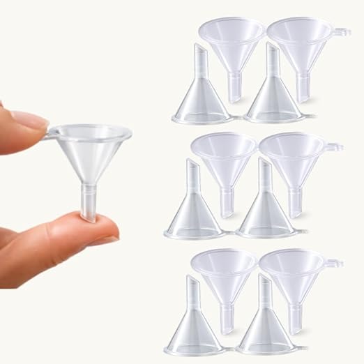 Mini Funnels Set, Small Clear Plastic Funnel with 6mm Narrow Spout for Filling Tiny Bottles, Essential Oils, Perfume, Capsules, Powder, Spices, Sand Art & Lab – Food Grade Heat Resistant (12, mini)