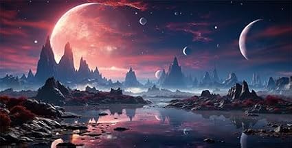48X20IN Cosmic Spaceterrarium Background, Cool Parallel Space Themed Aquarium Reptile Habitat Background, Red Moon Aquarium Background with 10EVA Double-Sided Tape