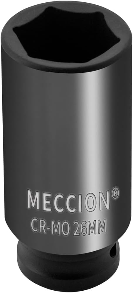 Meccion 1/2 Inch Drive Impact Socket 26mm Metric, 6 Point Cr-Mo Deep Impact Socket, 78mm Length