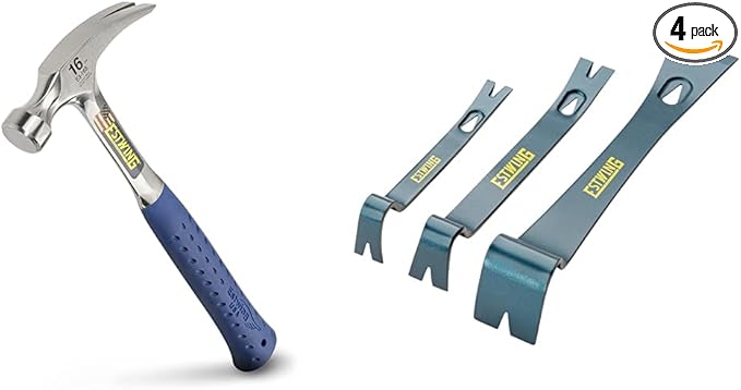 ESTWING Hammer - 16 oz Straight Rip Claw with Smooth Face & Shock Reduction Grip - E3-16S & 3-Piece Pry Bar Set - 5.5", 7.5" & 10" Nail Pullers with Wide, Thin Blades