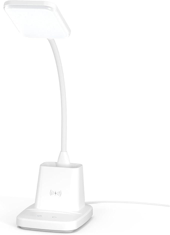Upgraded 10W Wireless Charging LED Desk Lamp with Pen Holder, White | CRI 95, 800LM, Stepless Dimming, 3 Modes, 360°Flexible Arm, Touch, Study Table Lamp for Home Office, Dorm Room, with Adapter