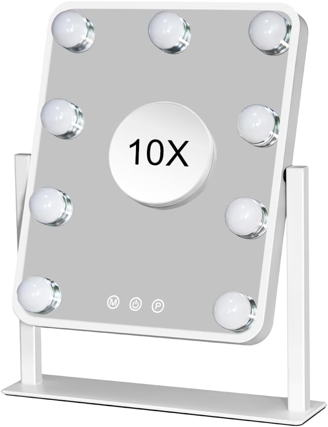 Hollywood Vanity Mirror with Lights,Tabletop Makeup Mirror with 9 LED Lights Smart Touch Control 3 Colors Light 360°Rotation Detachable 10X Magnification