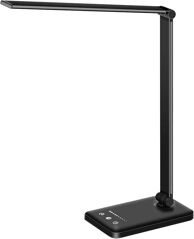 White crown LED Desk Lamp Dimmable Table Lamp Reading Lamp with USB Charging Port, 5 Lighting Modes, Sensitive Control, 30/60 Minutes Timer (Black, First-Generation)