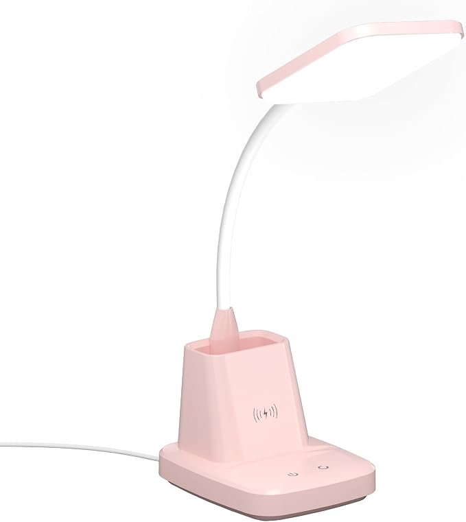 LED Desk Lamp with 10W Wireless Charging & Pen Holder, Pink | CRI 95, 800LM, Stepless Dimming, 3 Modes, 360°Flexible Arm, Touch, Study Table Lamp for Home Office, Dorm Room, with Adapter