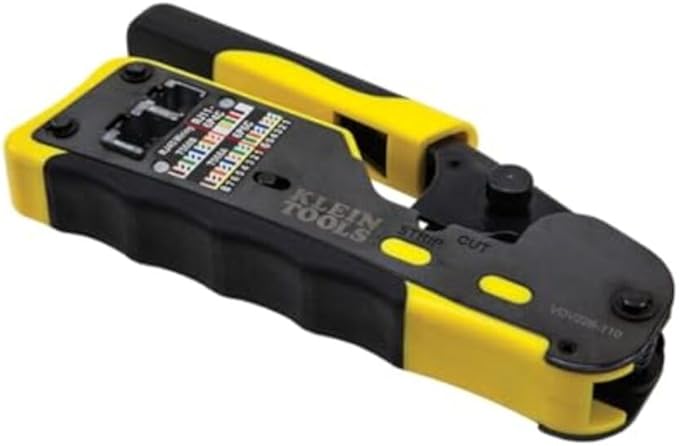 Klein Tools VDV226-110 Ratcheting Modular Data Cable Crimper / Wire Stripper / Wire Cutter for RJ11/RJ12 Standard, RJ45 Pass-Thru Connectors