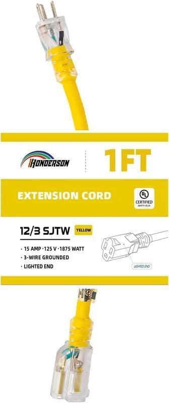 Extension Cord Weatherproof with Lighted End, UL Certified, 12 Gauge 1FT Yellow 3 Prong Heavy Duty, 12/3 SJTW 15A Power Cord for Lights, Lawn