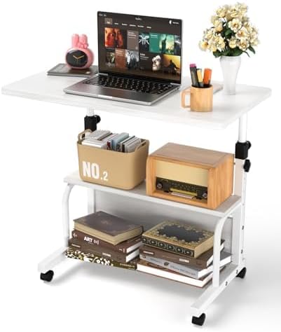 QZMDSM Portable Desk with Wheels Small Standing Desk on Wheels Adjustable Height Rolling Desks for Small Spaces, 32" Computer Desks with Storage Shelves for Home Office Study White
