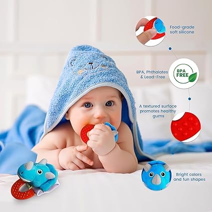 Wristy Buddy Teething Ring for Babies 0-6 8 10 12 Months | Cute Soft Animal Teething Toys & Gloves | Baby Teething Relief Toy Pack | Infant Chew Toys for 3-6 Months, 1 2 3 Years