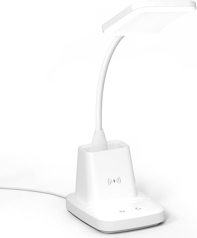 LED Desk Lamp with 10W Wireless Charging & Pen Holder, Snow White | CRI 95, 800LM, Stepless Dimming, 3 Modes, 360°Flexible Arm, Touch, Study Table Lamp for Home Office, Dorm Room, with Adapter
