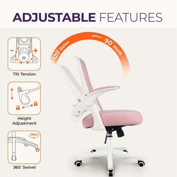 NEO CHAIR Office Desk Gaming Ergonomic Computer Chair with Lumbar Back Support Adjustable Height Swivel Rolling Wheels Flip-up Arms Mesh Chair for Home Vanity (Pink) | Lumbar Support, Height Adjustment, 360° Swivel and Rolling Base, Space-Saving Design...