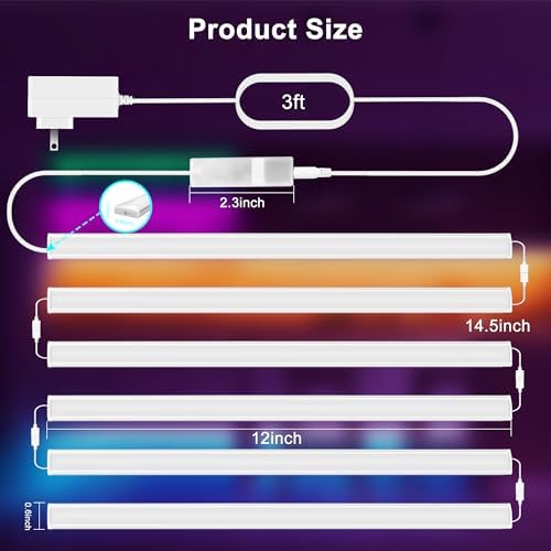 maylit Smart Under Cabinet Lights Plug in, 6 Pcs 12 Inch Ultra Thin Under Cabinet Lighting, Multicolor Under Counter Lights for Kitchen, Dimmable Mood Light for Cabinet, Counter, Workbench