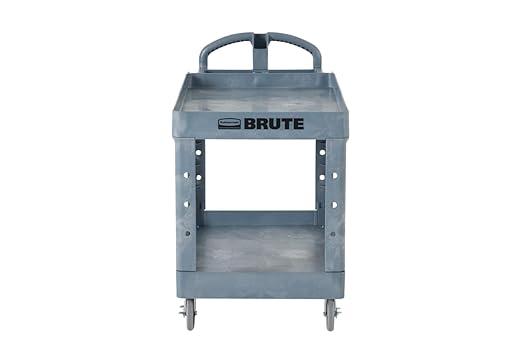 Rubbermaid Commercial Products BRUTE Heavy Duty 2-Shelf Utility/Service Cart, Large, Lipped Shelves, Ergonomic Handle, 750 lbs. Capacity, Black, for Warehouse/Garage/Cleaning/Maintenance/Stadiums