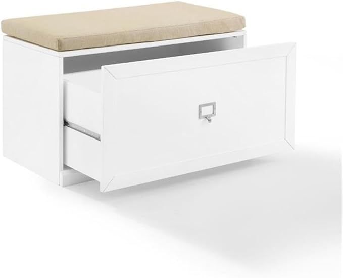BOWERY HILL Modern Wood Entryway Bench, 20.5" H x 33" W x 16.5" D, White/Tan Finish, Linen Seat Cushion, Large Storage Drawer, Modular Design, Living Room or Entryway Furniture