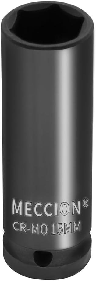 Meccion 3/8 Inch Drive Impact Socket 15mm Metric, 6 Point Cr-Mo Deep Socket, 63mm Length