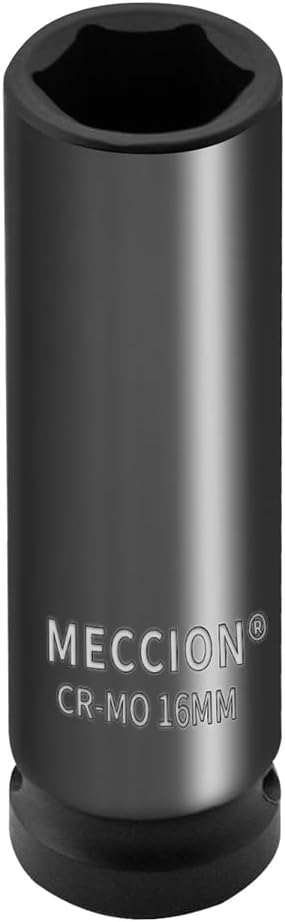 Meccion 1/2 Inch Drive Impact Socket 16mm Metric, 6 Point Cr-Mo Deep Impact Socket, 78mm Length