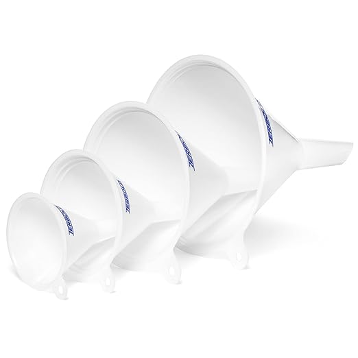 4pc Funnel Nesting Set in BPA Free Plastic for Kitchen Cooking, Car Oil, Home, or Lab Use (White)
