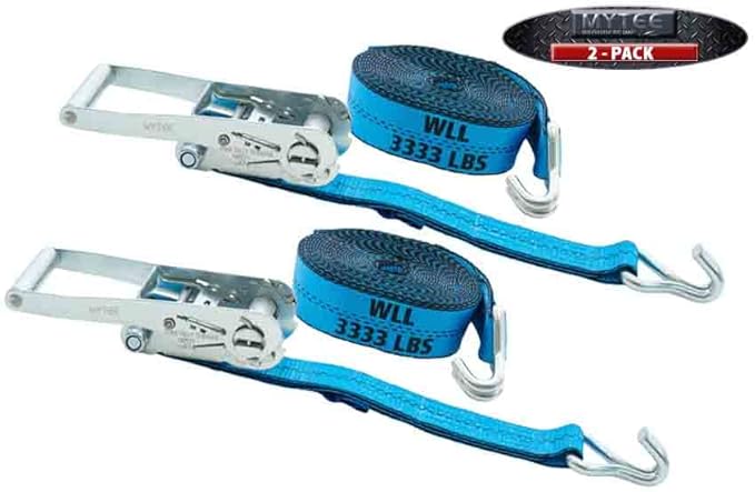 Mytee Products (2 Pack 2 Inch x 27 FT Blue Ratchet Strap with J Hooks - 10,000 Lbs Breaking Strength - Heavy Duty Tie Down Cargo Truck Straps with Wire Hooks for Flatbed, Truck, Trailers Pickup