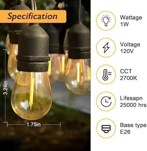 Jslinter 50 Pack Edison Bulb String Lights Outdoor, S14 Replacement Bulbs for Outdoor String Lights Waterproof 1W, E26 Base Led Light Bulb, 2700K Warm White Light Bulbs for Patio