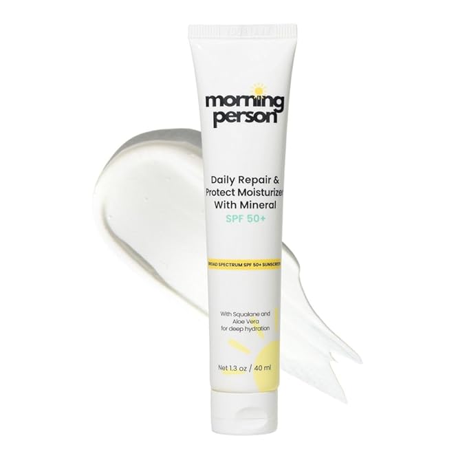 Daily Repair & Protect Moisturizer with Mineral Sunscreen Face SPF 50+ I With Squalane and Aloe Vera for Deep Moisture I UVA/UVB & Blue Light Protection I No White Cast I Reef Safe I Vegan
