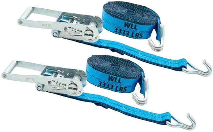 Mytee Products (2 Pack 2 Inch x 27 FT Blue Ratchet Strap with J Hooks - 10,000 Lbs Breaking Strength - Heavy Duty Tie Down Cargo Truck Straps with Wire Hooks for Flatbed, Truck, Trailers Pickup