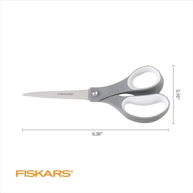 Fiskars 8" SoftGrip Everyday All Purpose Scissors, Office & Crafts, Grey | For Paper, Cardboard & Photos, Precision Stainless Steel Blades, Ergonomic SoftGrip Handles for Comfort & Control
