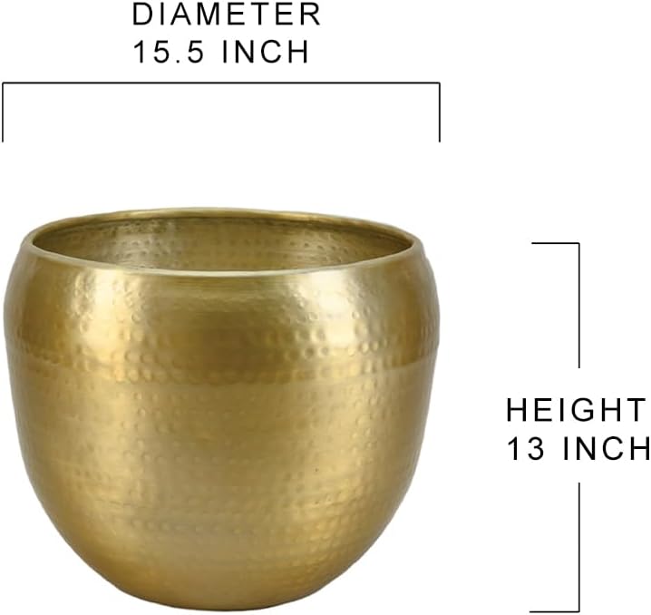 Serene Spaces Living Large Brass-Look Aluminum Cachepot – 15.5" Diameter, 13" Tall Handcrafted Vintage Planter for Indoor Plants, Flowers, Weddings, Centerpieces – No Drainage