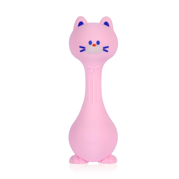 Baby Rattle Teething Toys Cat Silicone Teether Rattles for Baby 0-36 Months Food Grade Silicone (Pink)