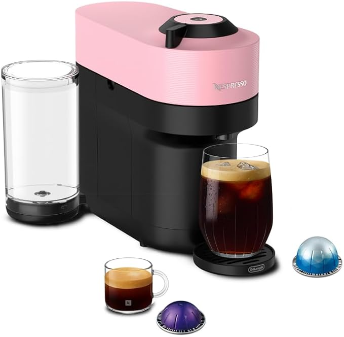 Nespresso Vertuo Pop+ Coffee & Espresso Maker by De'Longhi, Pink | Candy pink coffee machine with compact design, 25 fl. oz. side tank, 30 second heat-up and one touch brewing.