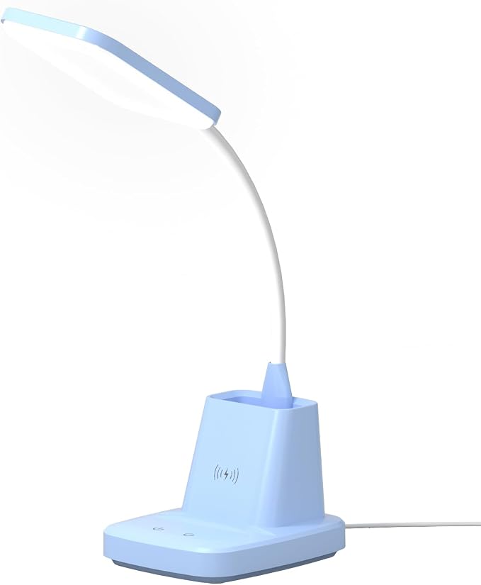 LED Desk Lamp with 10W Wireless Charging & Pen Holder, Blue | CRI 95, 800LM, Stepless Dimming, 3 Modes, 360°Flexible Arm, Touch, Study Table Lamp for Home Office, Dorm Room, with Adapter