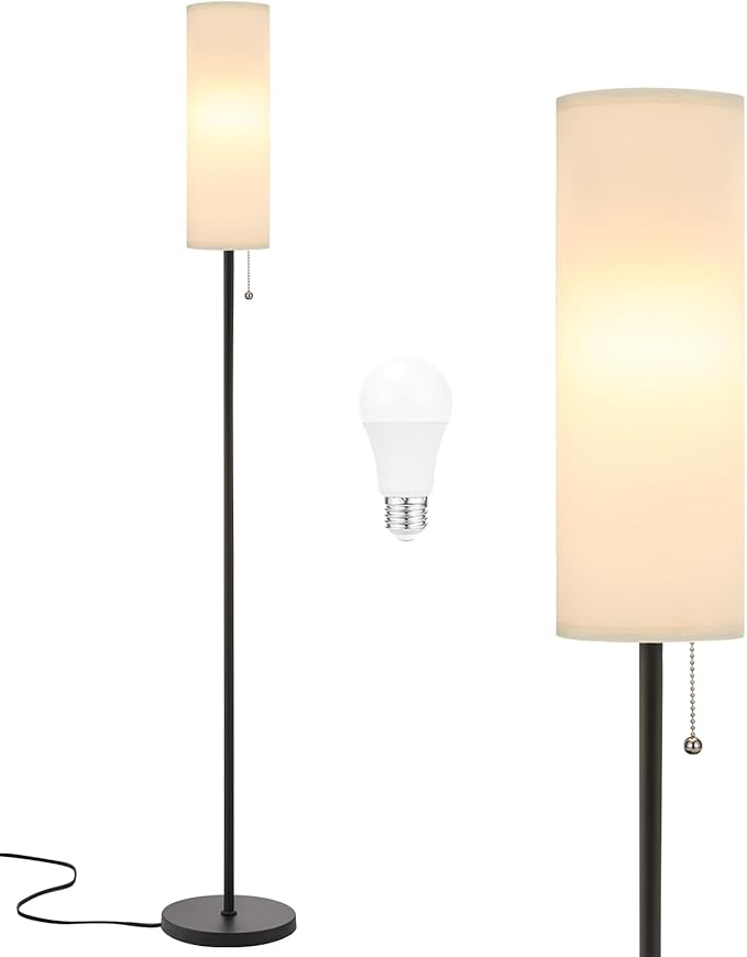 Ambimall Floor Lamp for Living Room with 3 Color Temperatures Bulb, 64" Standing lamp with Linen lampshade for Bedroom, Minimalist Pole Lamp, White Shade & Black Pole