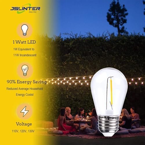 Jslinter 50 Pack Edison Bulb String Lights Outdoor, S14 Replacement Bulbs for Outdoor String Lights Waterproof 1W, E26 Base Led Light Bulb, 2700K Warm White Light Bulbs for Patio