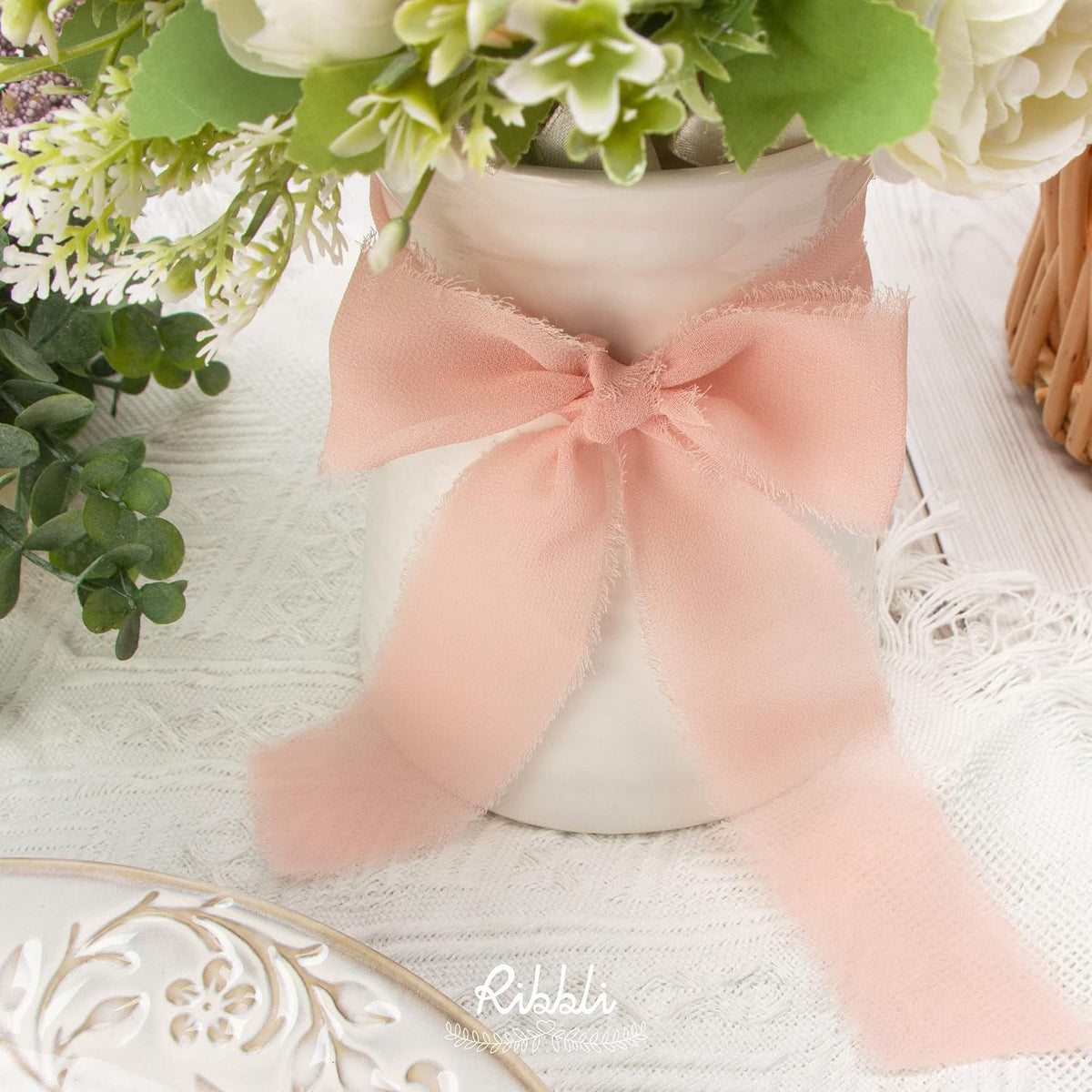 Chiffon Silk Ribbon, 1.5 inch x 30 Yard, Champagne/Blush Pink/Dusty Rose Fringe Chiffon Ribbon for Wedding Invitations, Bridal Bouquets Wrapping, Flower Arrangement Decoration