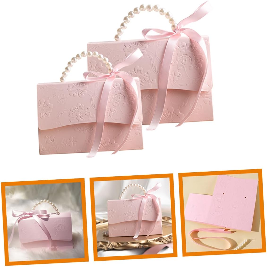 OUNONA Box Set with Pink Mini and Medium Paper Boxes, Flower Embossed Candy Packaging, Pearl Chain Handle, Wedding Party Favor Packaging Supplies
